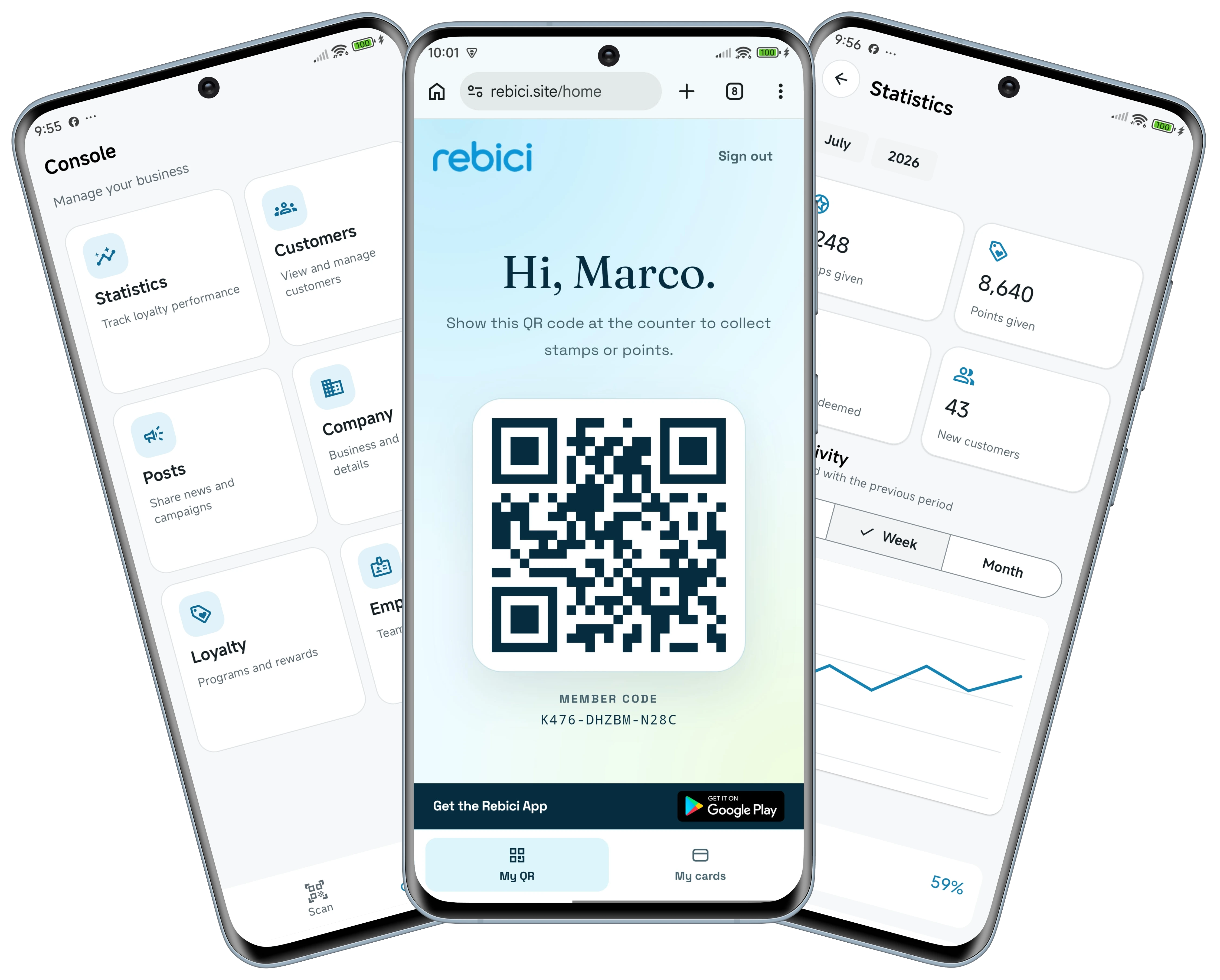 Three phones showing Rebici: the business console, a customer's QR code ready to scan, and a statistics screen with stamps given and new customers